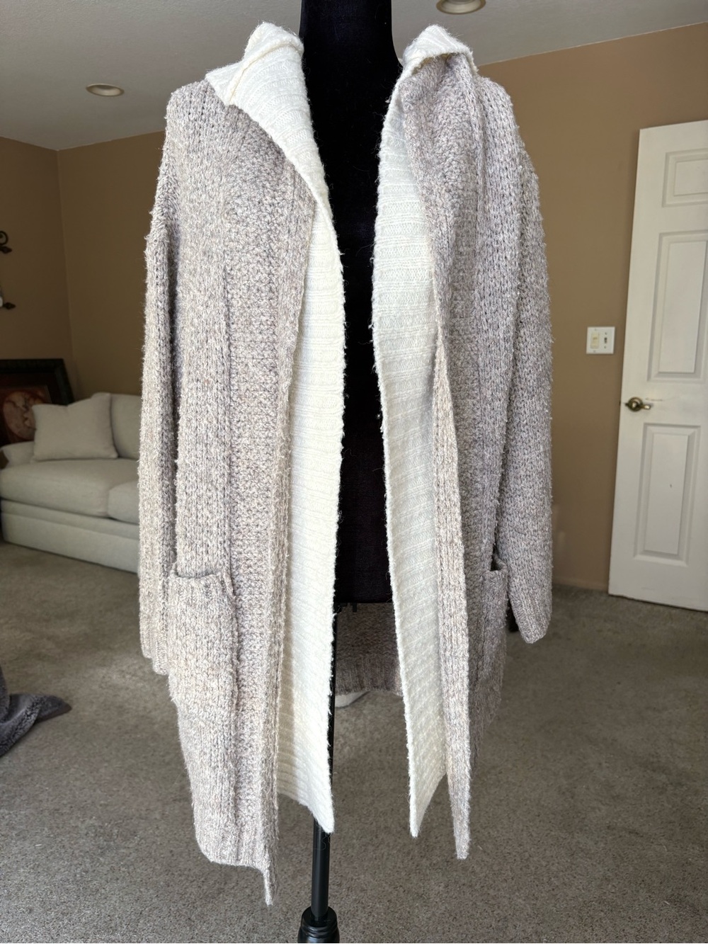 Open-Front Hooded Knit Cardigan Sweater in Light Beige and Cream